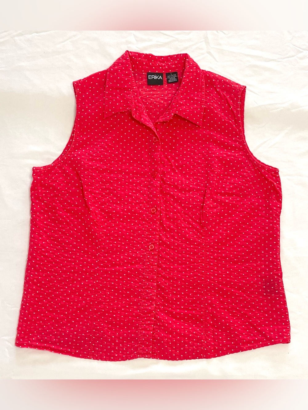 Retro Polkadot Button-Up Sleeveless Top by ERIKA Women’s Large Red White Collar - Picture 1 of 3